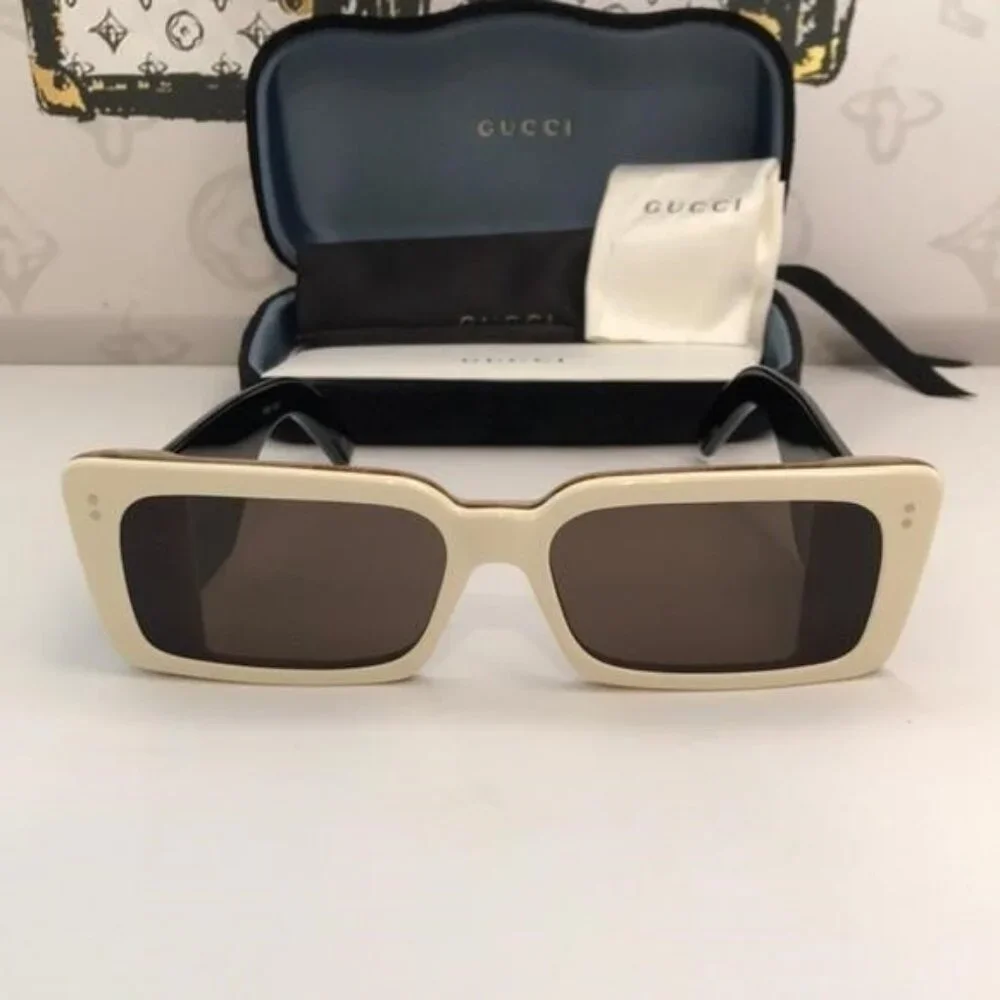 Gucci GG0543S 002 Ivory Black Oversized Rectangular Sunglasses Brown Lens - Picture 5 of 12
